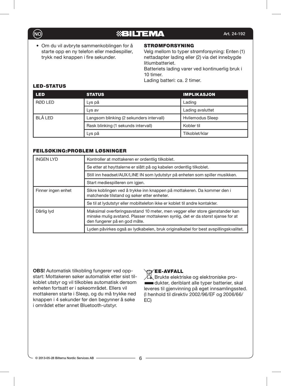 Tilkoblet/klar Art. 24-192 Strømforsyning Velg mellom to typer strømforsyning: Enten (1) nettadapter lading eller (2) via det innebygde litiumbatteriet.