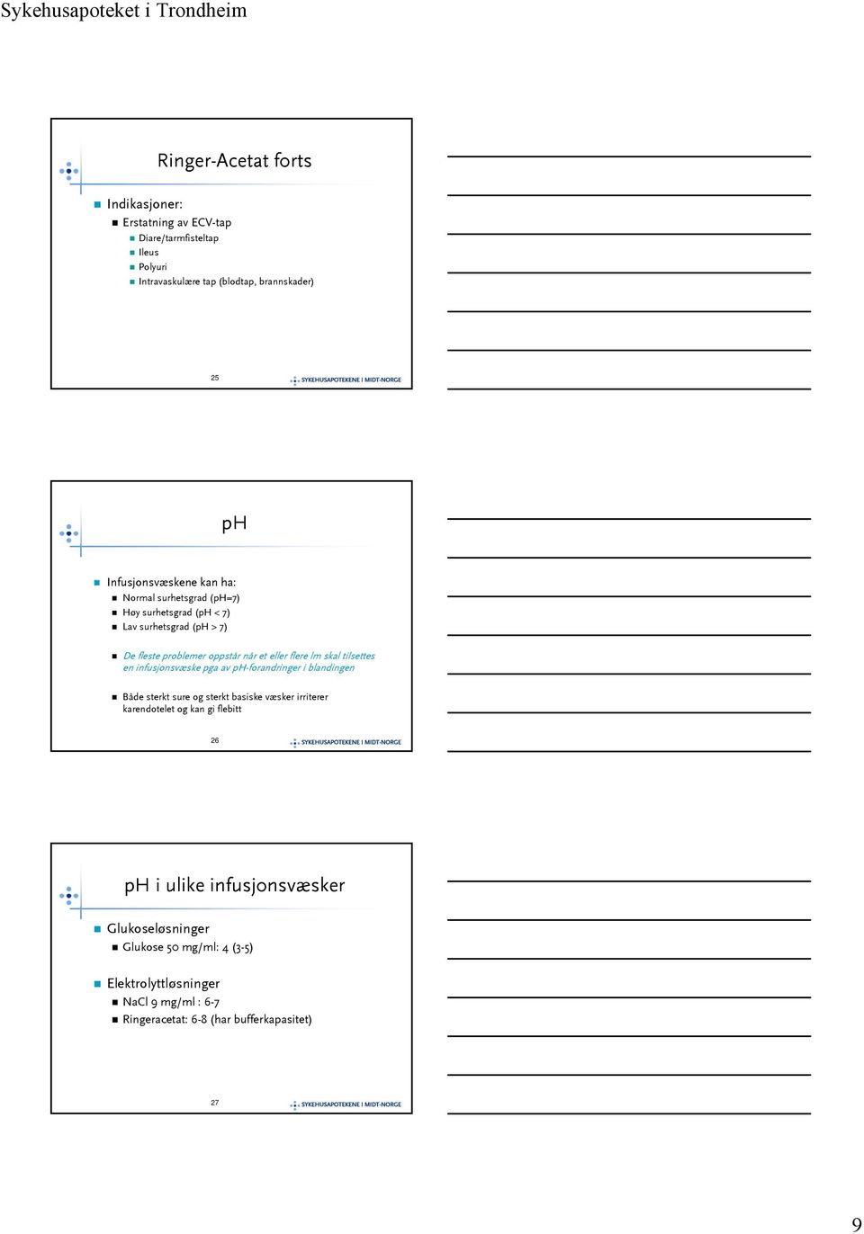 infusjonsvæske pga av ph-forandringer i blandingen Både sterkt sure og sterkt basiske væsker irriterer karendotelet og kan gi flebitt 26 SYKEHUSAPOTEKENE I MIDT-NORGE ph i