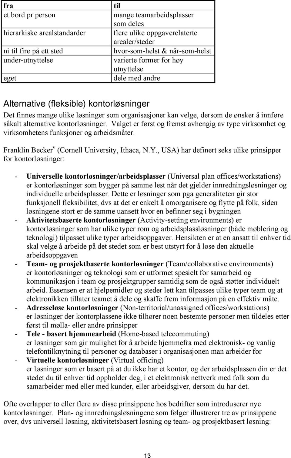 såkalt alternative kontorløsninger. Valget er først og fremst avhengig av type virksomhet og virksomhetens funksjoner og arbeidsmåter. Franklin Becker v (Cornell University, Ithaca, N.Y.