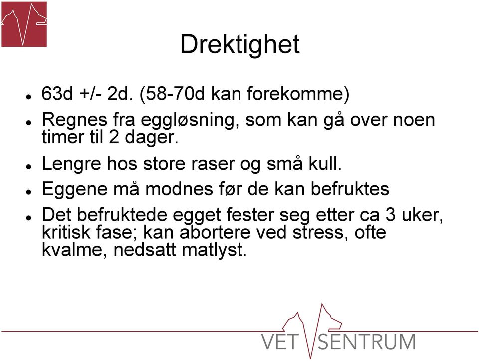 til 2 dager. Lengre hos store raser og små kull.