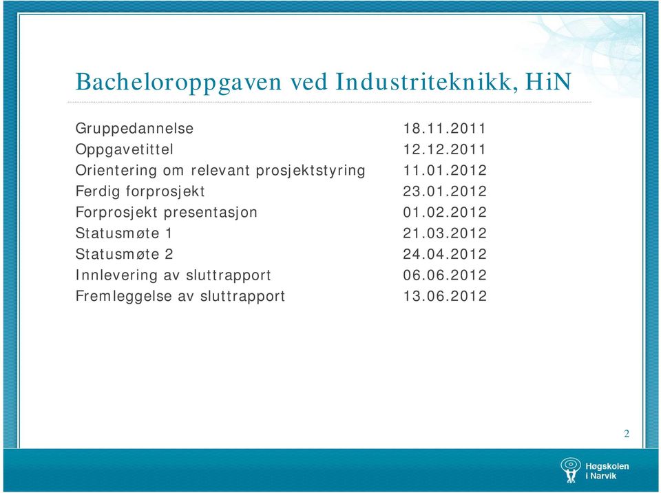 02.2012 Statusmøte 1 21.03.2012 Statusmøte 2 24.04.