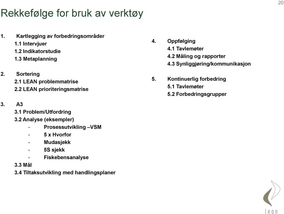 3 Synliggjøring/kommunikasjon 5. Kontinuerlig forbedring 5.1 Tavlemøter 5.2 Forbedringsgrupper 3. A3 3.1 Problem/Utfordring 3.