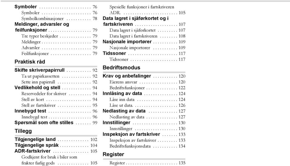 .............. 92 Vedlikehold og stell............. 94 Reservedeler for skriver.......... 94 Stell av kort.................... 94 Stell av fartskriver............... 95 Innebygd test.