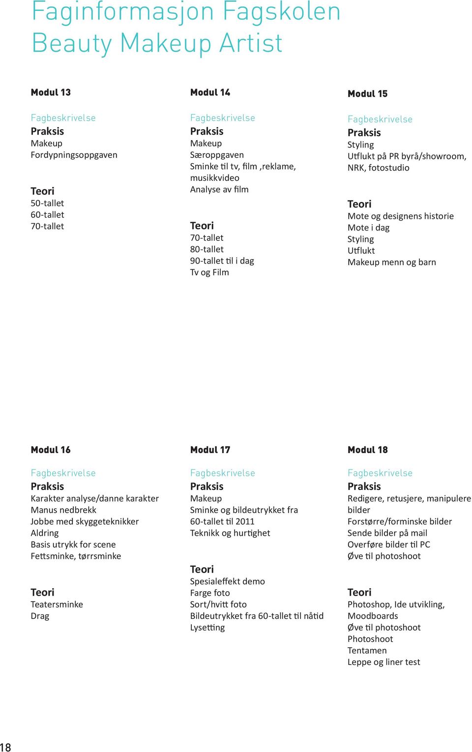 Karakter analyse/danne karakter Manus nedbrekk Jobbe med skyggeteknikker Aldring Basis utrykk for scene Fettsminke, tørrsminke Teatersminke Drag Modul 17 Makeup Sminke og bildeutrykket fra 60-tallet