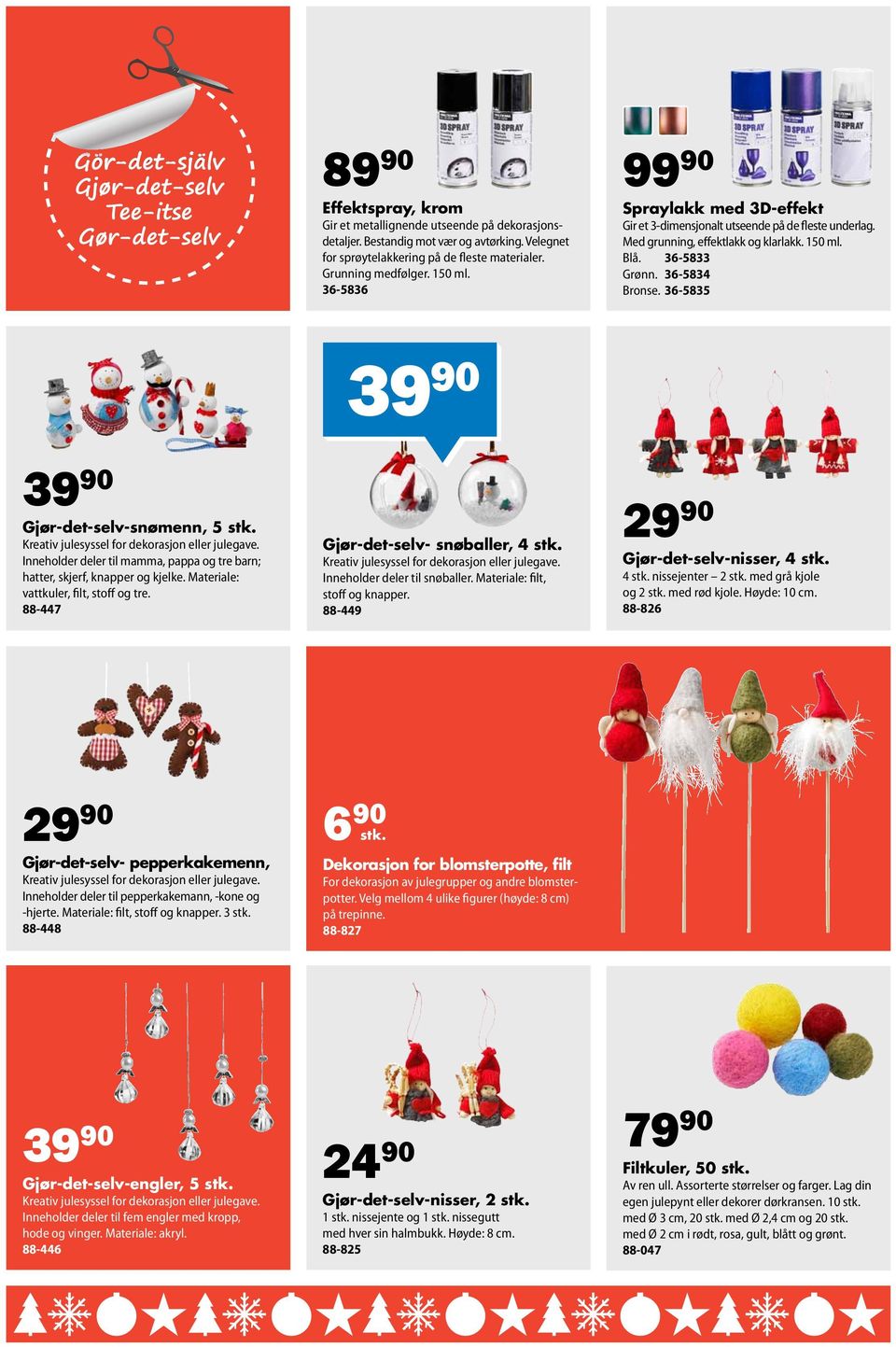 36-5835 39 90 39 90 Gjør-det-selv-snømenn, 5 Kreativ julesyssel for dekorasjon eller julegave. Inneholder deler til mamma, pappa og tre barn; hatter, skjerf, knapper og kjelke.