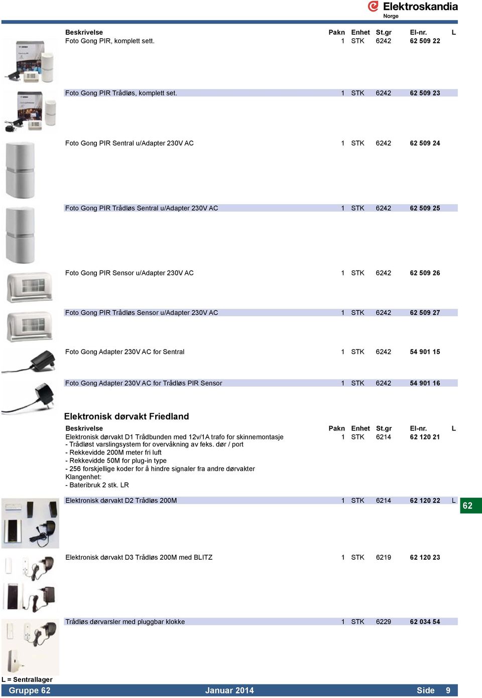 6242 62 509 26 Foto Gong PIR Trådløs Sensor u/adapter 230V AC 1 STK 6242 62 509 27 Foto Gong Adapter 230V AC for Sentral 1 STK 6242 54 901 15 Foto Gong Adapter 230V AC for Trådløs PIR Sensor 1 STK