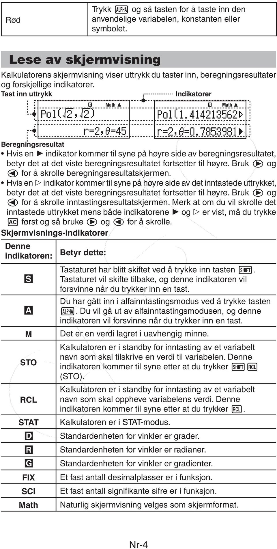 Tast inn uttrykk Indikatorer Math Math Beregningsresultat Hvis en indikator kommer til syne på høyre side av beregningsresultatet, betyr det at det viste beregningsresultatet fortsetter til høyre.