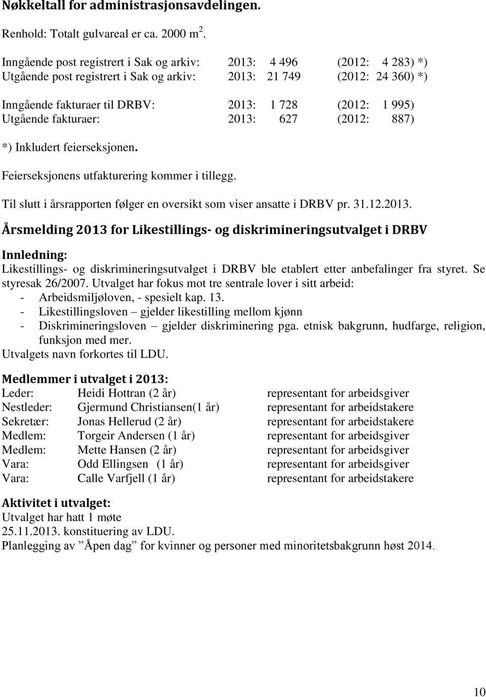 Utgående fakturaer: 2013: 627 (2012: 887) *) Inkludert feierseksjonen. Feierseksjonens utfakturering kommer i tillegg. Til slutt i årsrapporten følger en oversikt som viser ansatte i DRBV pr. 31.12.2013. Årsmelding 2013 for Likestillings- og diskrimineringsutvalget i DRBV Innledning: Likestillings- og diskrimineringsutvalget i DRBV ble etablert etter anbefalinger fra styret.