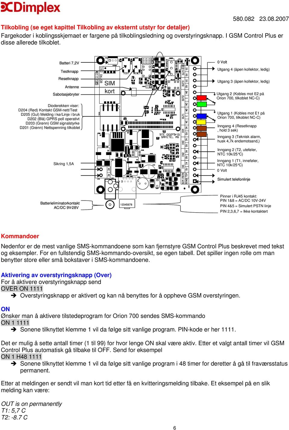 Batteri 7,2V Testknapp Resetknapp Antenne Sabotasjebryter Dioderekken viser: D204 (Rød) Kontakt GSM-nett/Test D205 (Gul) Melding i kø/linje i bruk D202 (Blå) GPRS poll operativt D203 (Grønn) GSM