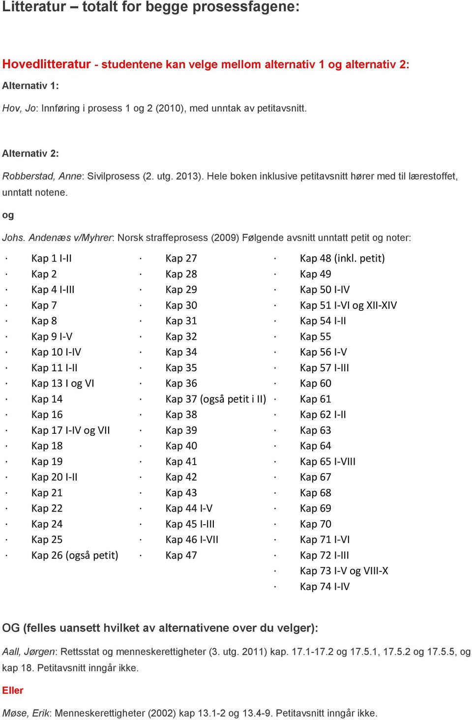 Andenæs v/myhrer: Norsk straffeprosess (2009) Følgende avsnitt unntatt petit og noter: Kap 1 I-II Kap 27 Kap 48 (inkl.