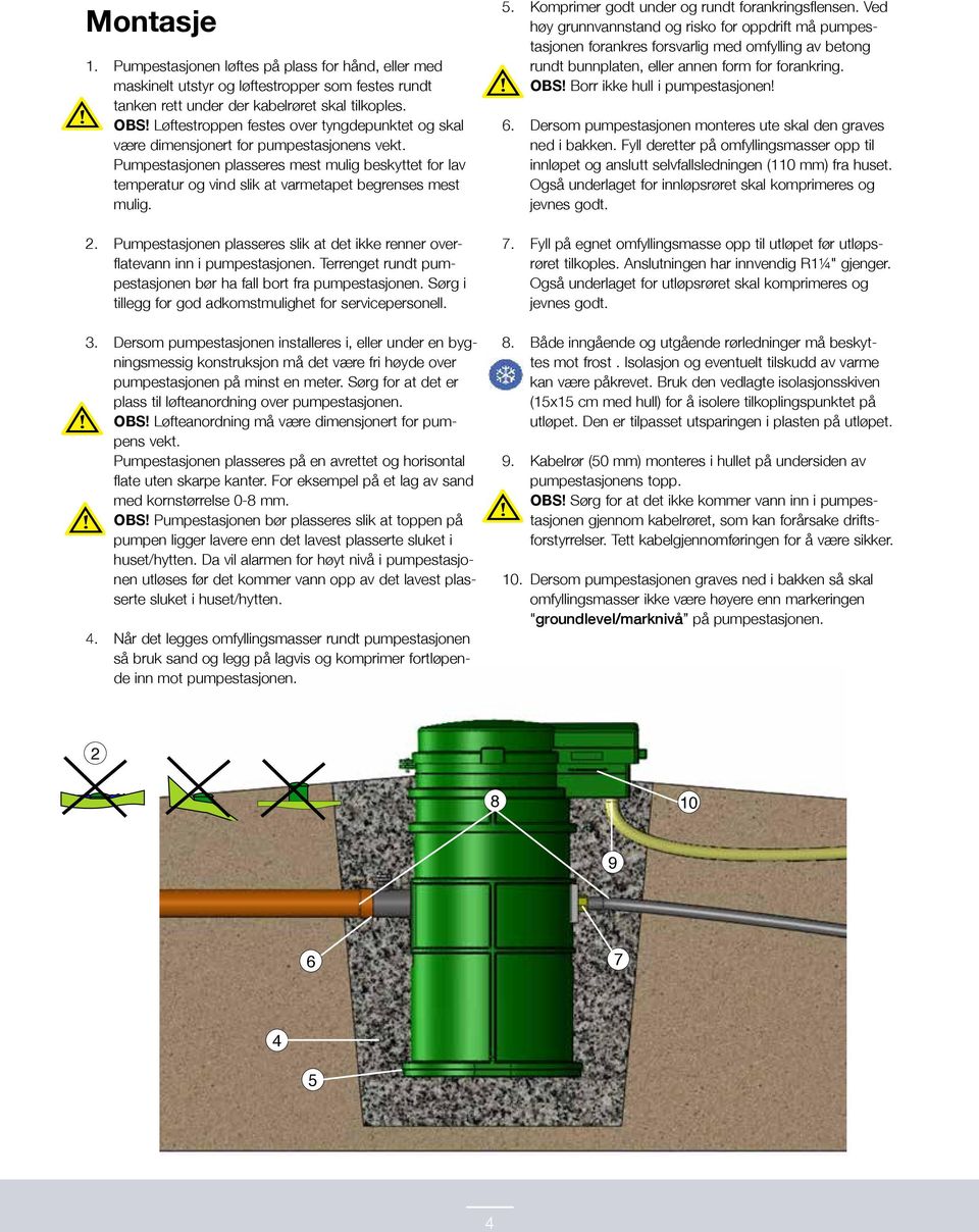 Pumpestasjonen plasseres mest mulig beskyttet for lav temperatur og vind slik at varmetapet begrenses mest mulig.. Pumpestasjonen plasseres slik at det ikke renner overflatevann inn i pumpestasjonen.