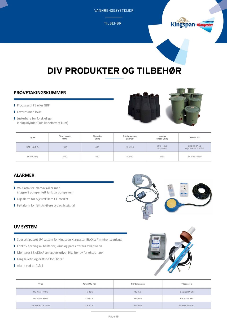 slamavskiller med integrert pumpe, tett tank og pumpekum Oljealarm for oljeutskillere CE merket Fettalarm for fettutskillere Lyd og lyssignal UV SYSTEM Spesialtilpasset UV system for Kingspan