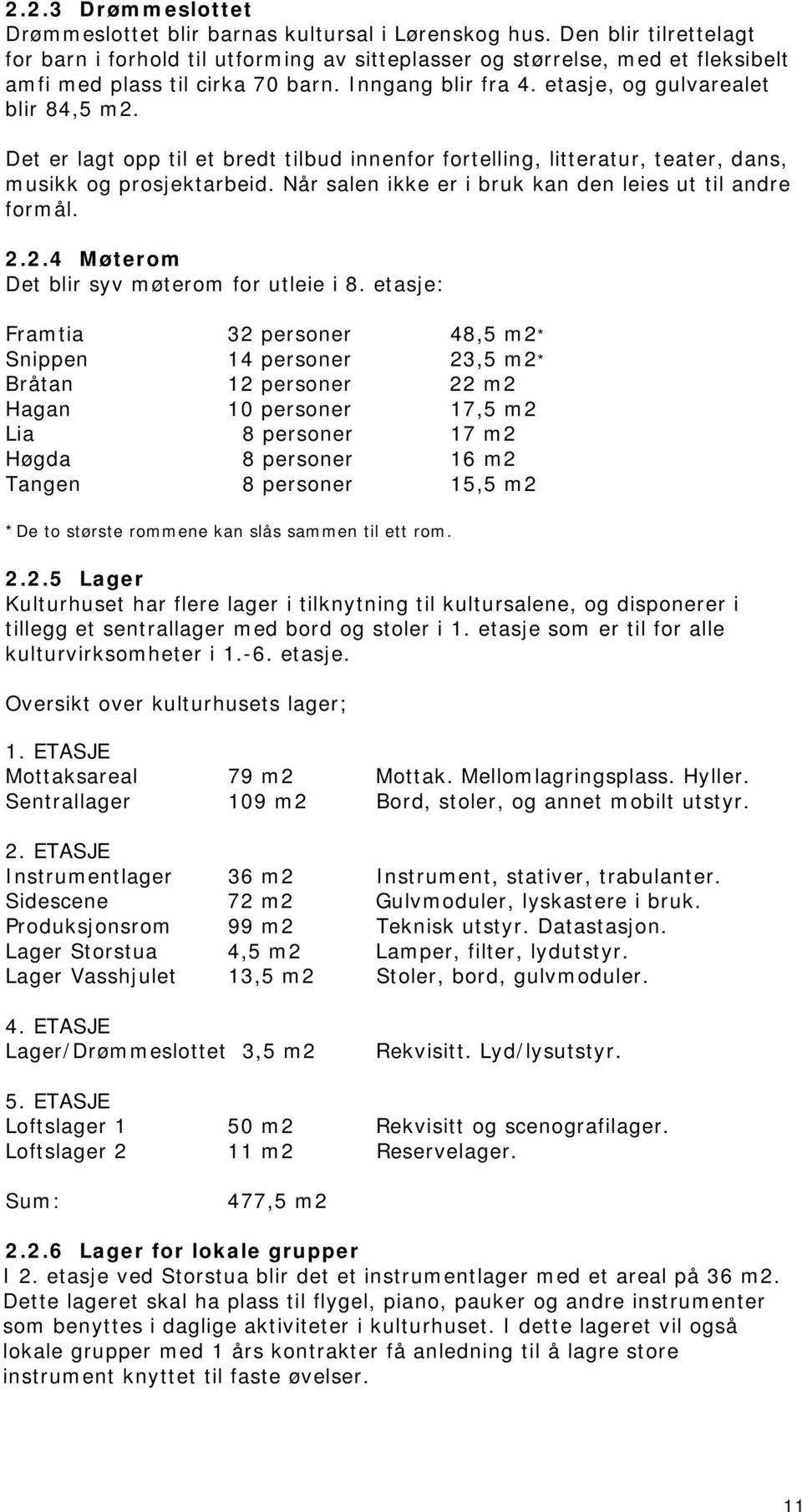 Det er lagt opp til et bredt tilbud innenfor fortelling, litteratur, teater, dans, musikk og prosjektarbeid. Når salen ikke er i bruk kan den leies ut til andre formål. 2.