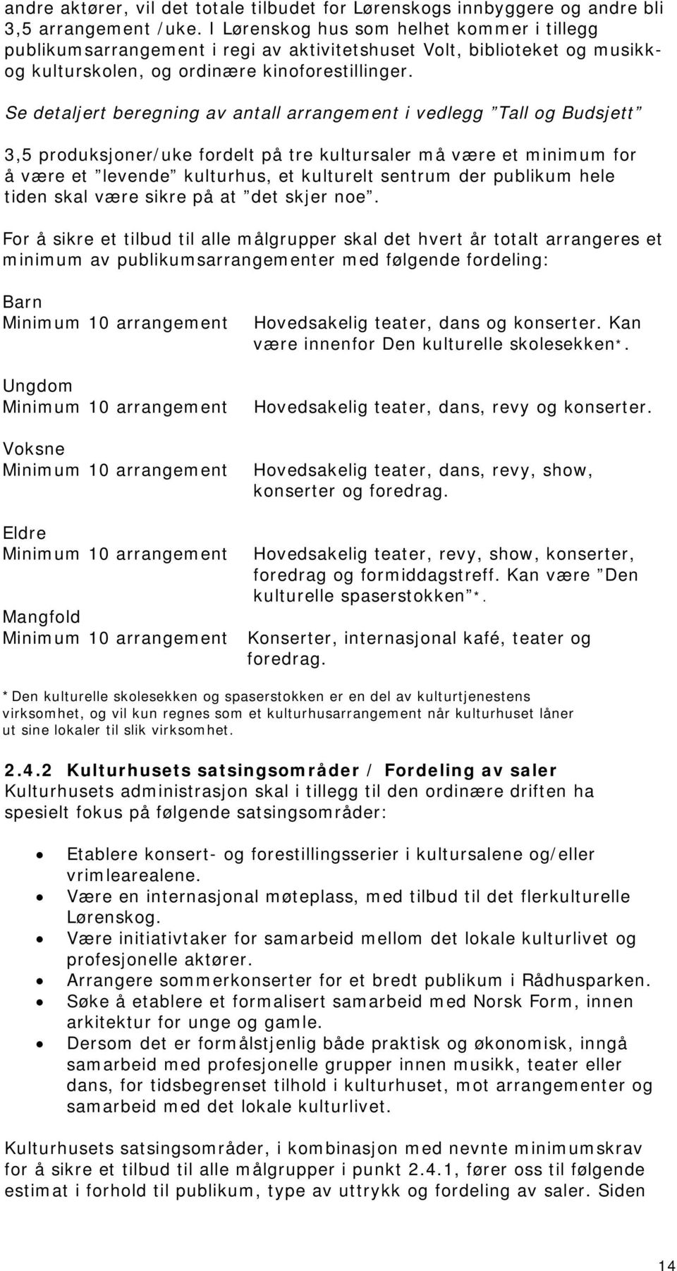 Se detaljert beregning av antall arrangement i vedlegg Tall og Budsjett 3,5 produksjoner/uke fordelt på tre kultursaler må være et minimum for å være et levende kulturhus, et kulturelt sentrum der