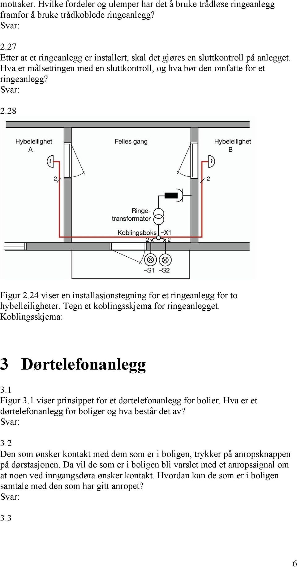 24 viser en installasjonstegning for et ringeanlegg for to hybelleiligheter. Tegn et koblingsskjema for ringeanlegget. Koblingsskjema: 3 Dørtelefonanlegg 3.1 Figur 3.