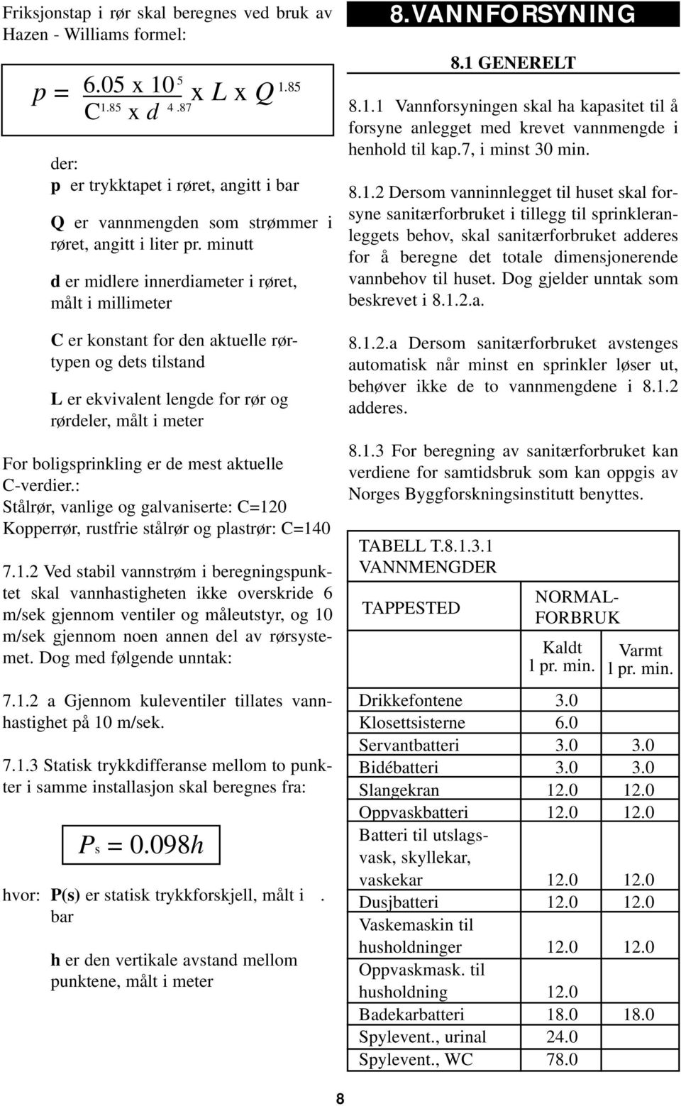 minutt d er midlere innerdiameter i røret, målt i millimeter C er konstant for den aktuelle rørtypen og dets tilstand L er ekvivalent lengde for rør og rørdeler, målt i meter For boligsprinkling er