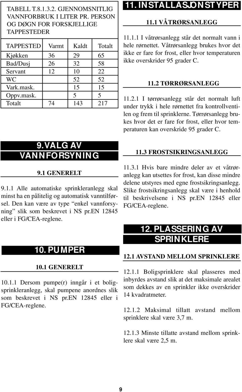 Den kan være av type enkel vannforsyning slik som beskrevet i NS pr.en 12845 eller i FG/CEA-reglene. 10. PUMPER 10.1 GENERELT 10.1.1 Dersom pumpe(r) inngår i et boligsprinkleranlegg, skal pumpene anordnes slik som beskrevet i NS pr.