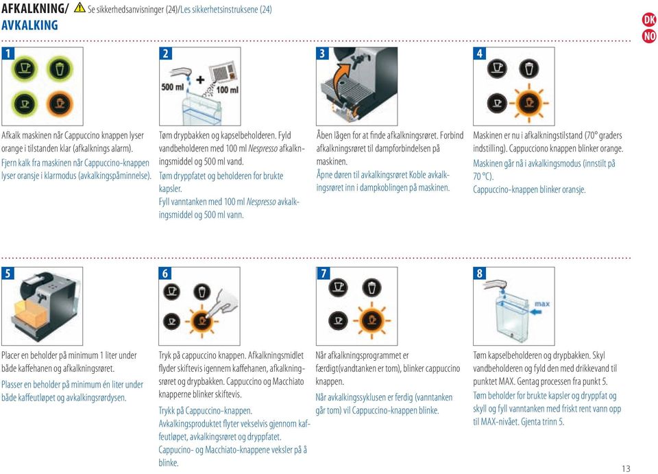 Fyld vandbeholderen med 100 ml Nespresso afkalkningsmiddel og 500 ml vand. Tøm dryppfatet og beholderen for brukte kapsler. Fyll vanntanken med 100 ml Nespresso avkalkingsmiddel og 500 ml vann.