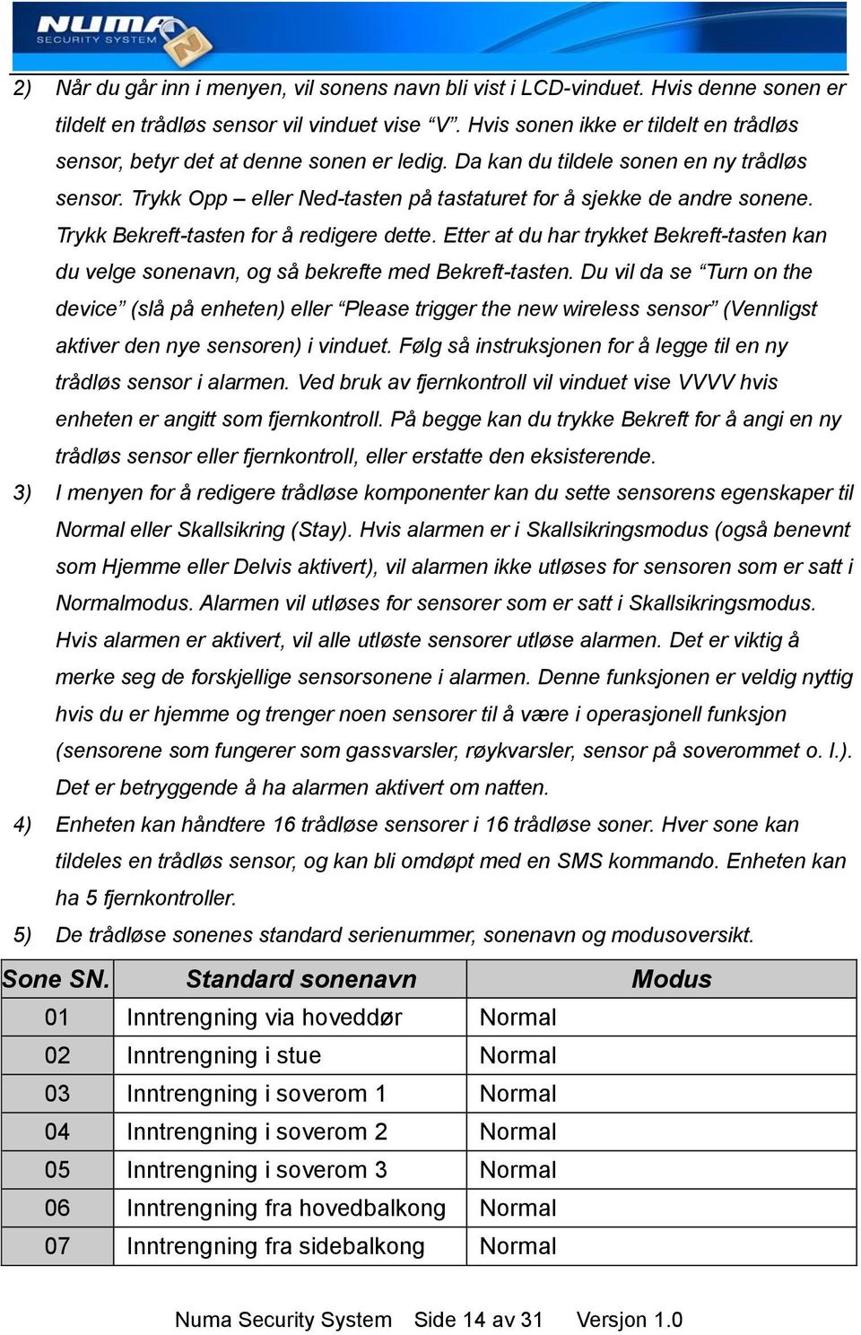 Trykk Bekreft-tasten for å redigere dette. Etter at du har trykket Bekreft-tasten kan du velge sonenavn, og så bekrefte med Bekreft-tasten.