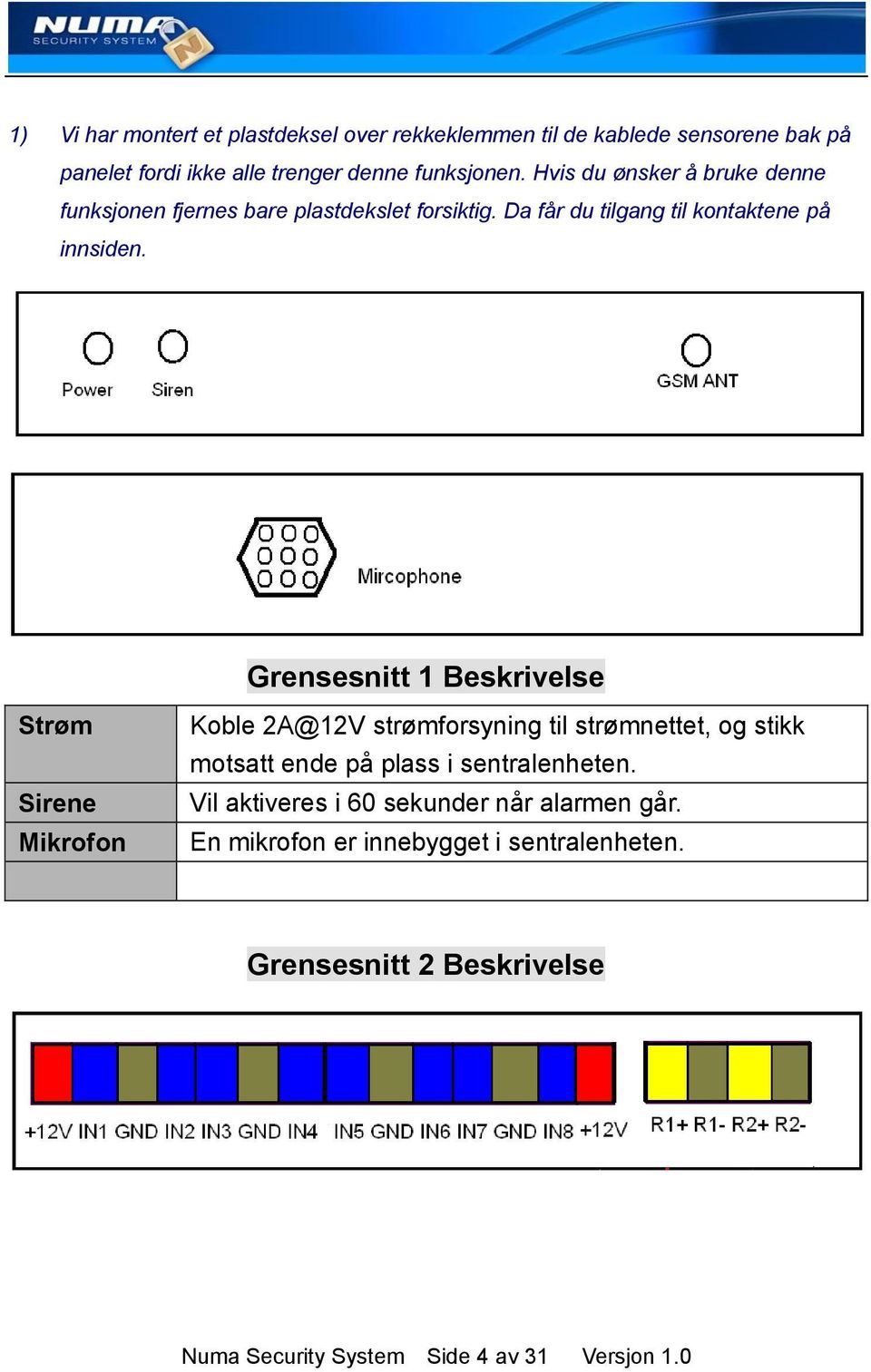 Grensesnitt 1 Beskrivelse Strøm Sirene Mikrofon Koble 2A@12V strømforsyning til strømnettet, og stikk motsatt ende på plass i