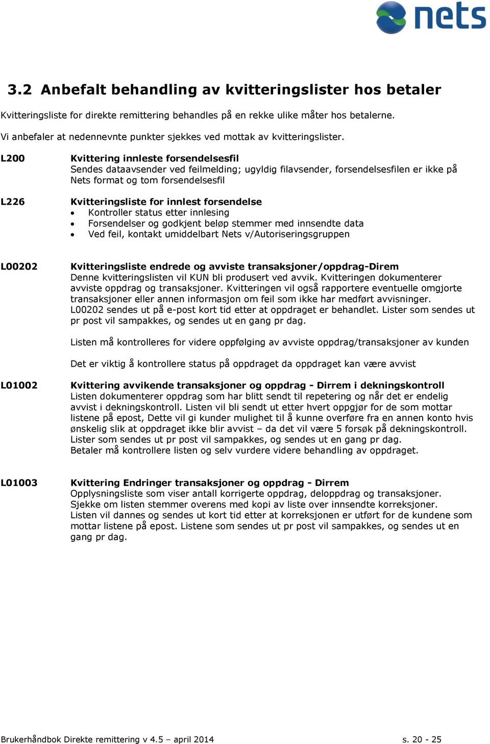 L200 L226 Kvittering innleste forsendelsesfil Sendes dataavsender ved feilmelding; ugyldig filavsender, forsendelsesfilen er ikke på Nets format og tom forsendelsesfil Kvitteringsliste for innlest