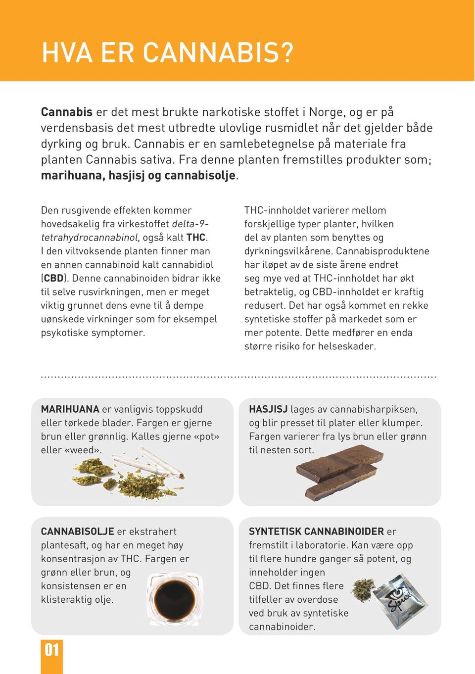 Den rusgivende effekten kommer hovedsakelig fra virkestoffet delta-9- tetrahydrocannabinol, også kalt THC. I den viltvoksende planten finner man en annen cannabinoid kalt cannabidiol (CBD).