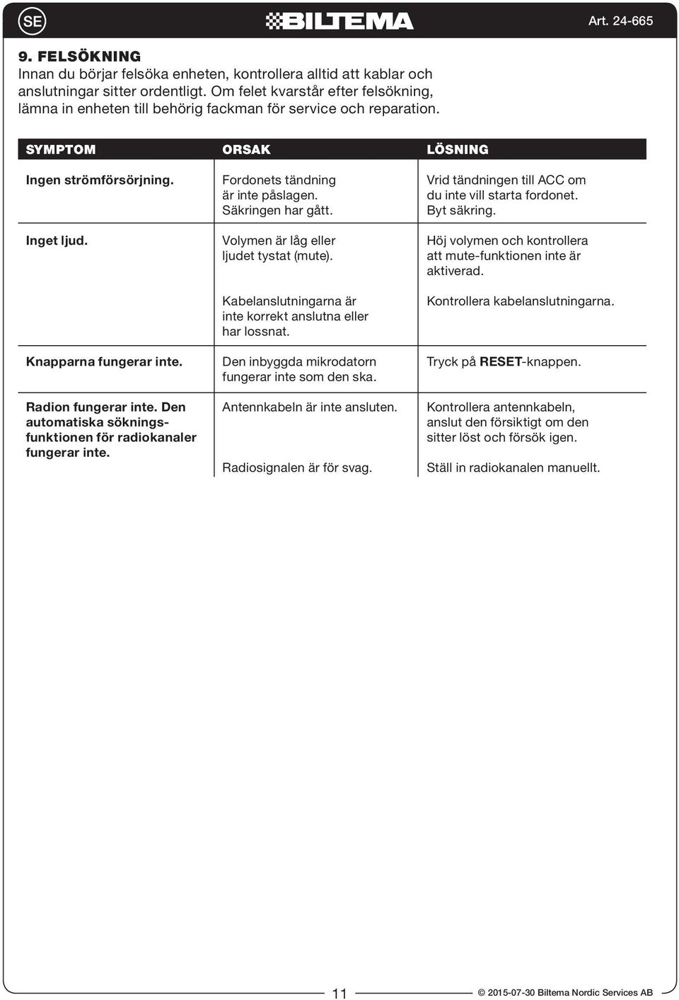 Fordonets tändning Vrid tändningen till ACC om är inte påslagen. du inte vill starta fordonet. Säkringen har gått. Byt säkring. Inget ljud.