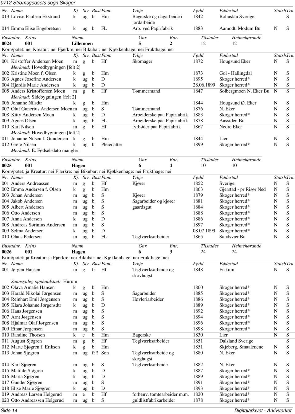 Olsen k g b Hm 1873 Gol - Hallingdal N S 003 Agnes Josefine Andersen k ug b D 1895 Skoger herred* N S 004 Hjørdis Marie Andersen k ug b D 28.06.