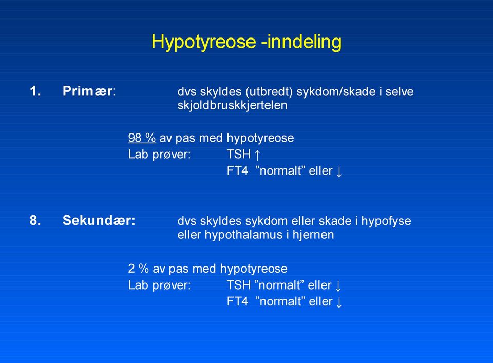 pas med hypotyreose Lab prøver: TSH FT4 normalt eller 8.
