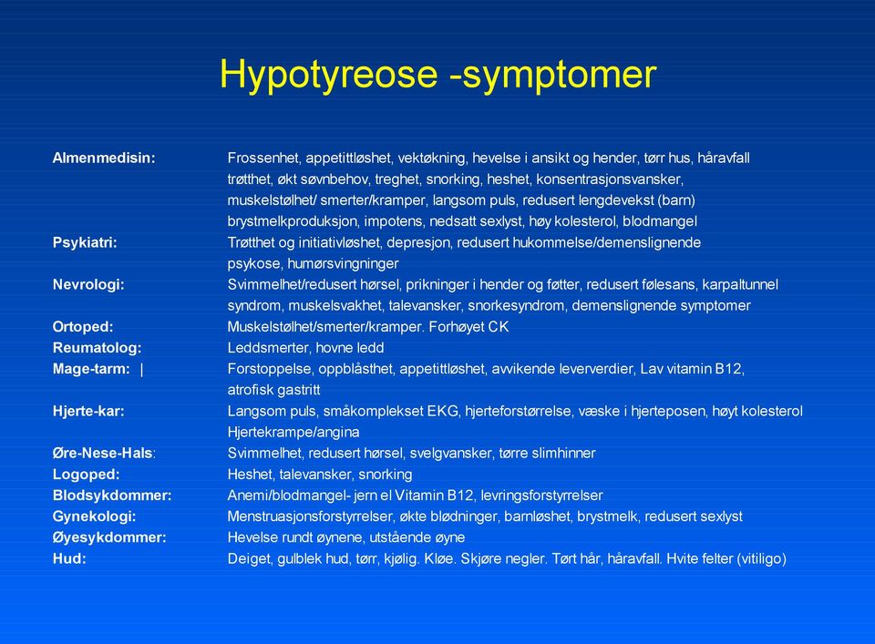 redusert hukommelse/demenslignende psykose, humørsvingninger Nevrologi: Svimmelhet/redusert hørsel, prikninger i hender og føtter, redusert følesans, karpaltunnel syndrom, muskelsvakhet, talevansker,