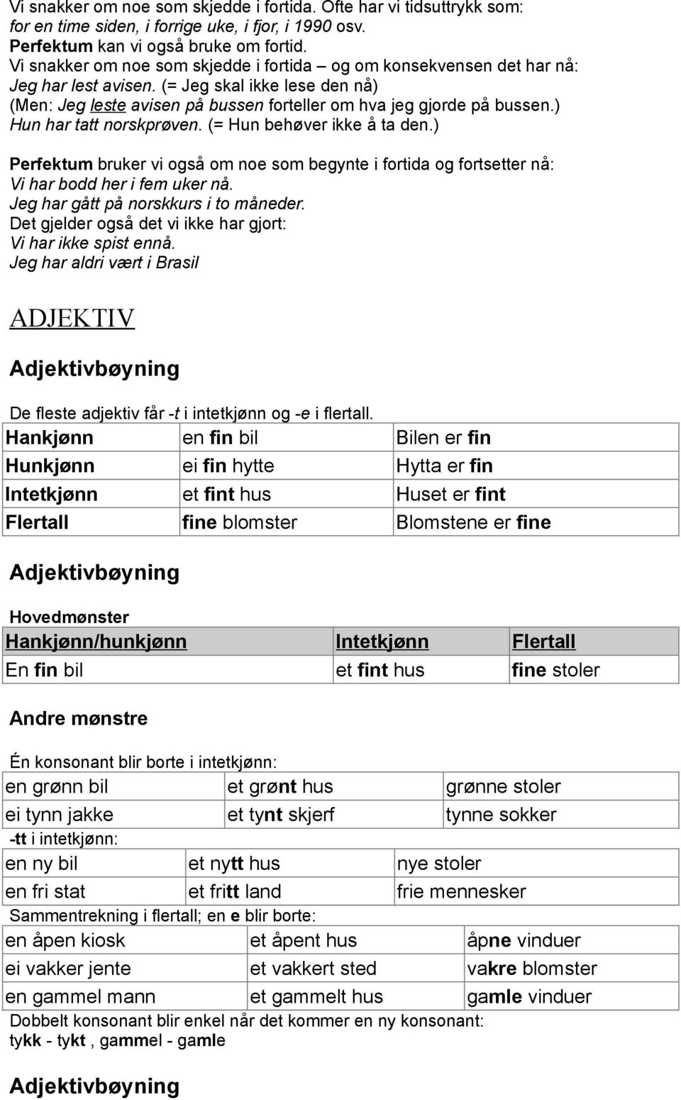 ) Hun har tatt norskprøven. (= Hun behøver ikke å ta den.) Perfektum bruker vi også om noe som begynte i fortida og fortsetter nå: Vi har bodd her i fem uker nå.