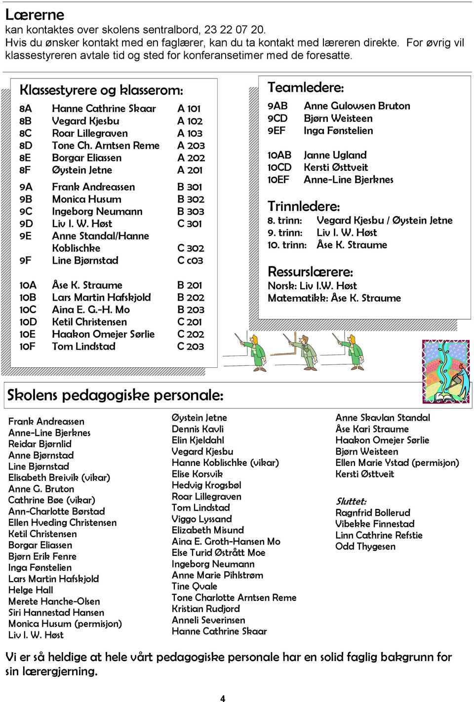 Klassestyrere og klasserom: 8A Hanne Cathrine Skaar A 101 8B Vegard Kjesbu A 102 8C Roar Lillegraven A 103 8D Tone Ch.