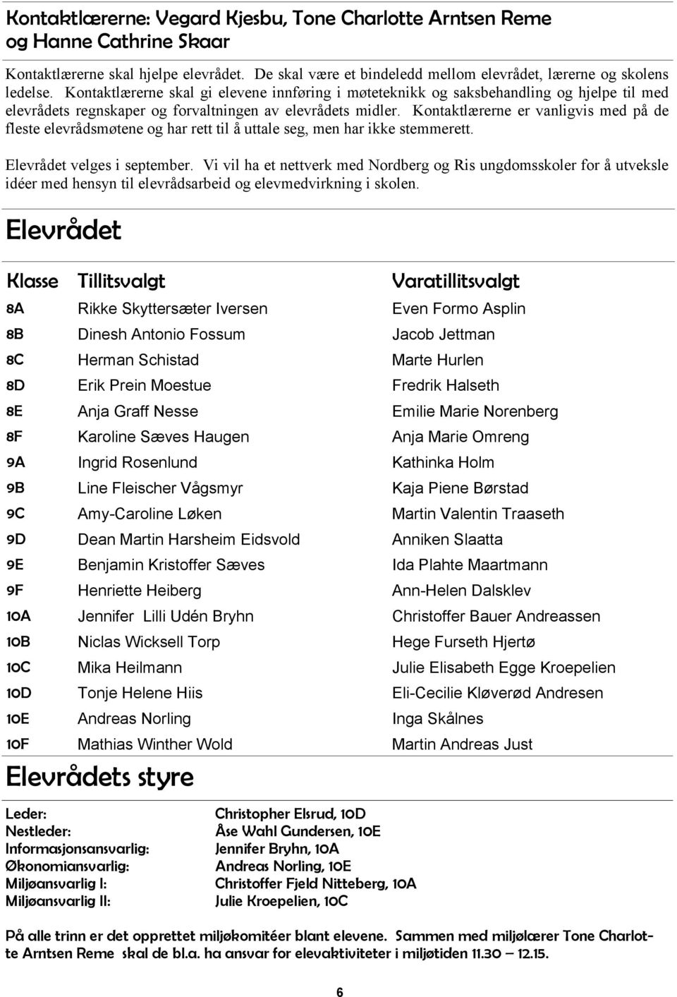 Kontaktlærerne er vanligvis med på de fleste elevrådsmøtene og har rett til å uttale seg, men har ikke stemmerett. Elevrådet velges i september.