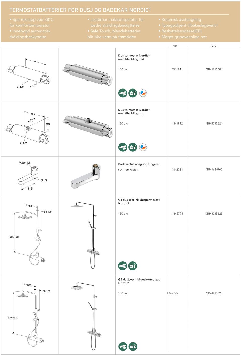 ART-nr c-c Dusjtermostat Nordic³ med tilkobling ned 150 c-c 4341941 GB41215604 G1/2 70 c-c 70 38 Dusjtermostat Nordic³ med tilkobling opp 150 c-c 4341942 GB41215624 G1/2 M20x1,5