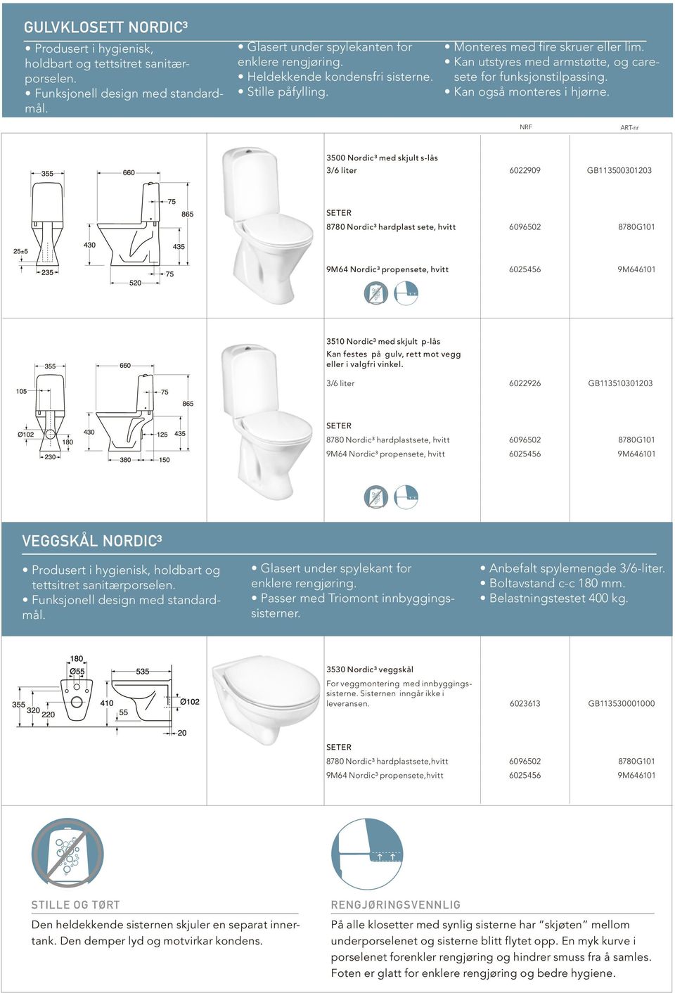 NRF ART-nr 3500 Nordic³ med skjult s-lås 3/6 liter 6022909 GB113500301203 SETER 8780 Nordic³ hardplast sete, hvitt 6096502 8780G101 9M64 Nordic³ propensete, hvitt 6025456 9M646101 3510 Nordic³ med