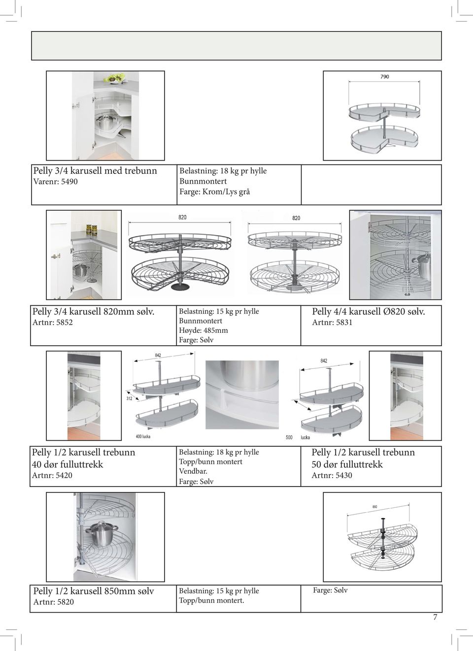 Artnr: 5831 Pelly 1/2 karusell trebunn 40 dør fulluttrekk Artnr: 5420 Belastning: 18 kg pr hylle Topp/bunn montert Vendbar.