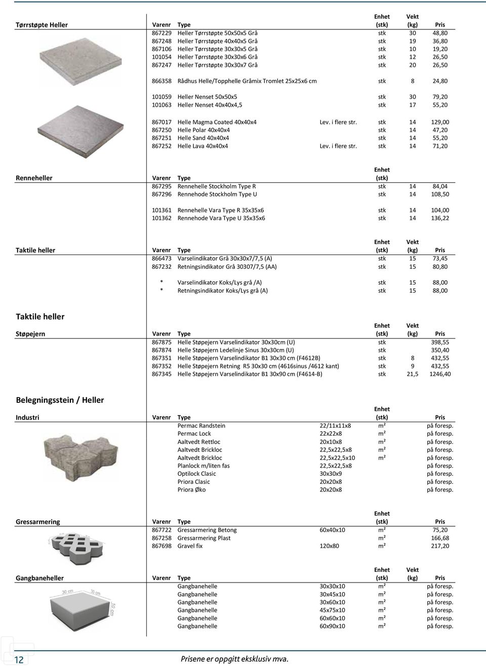 Tørrstøpte 30x30x6 Grå 12 26,50 867247 Heller Tørrstøpte 30x30x7 Grå 20 26,50 866358 Rådhus Helle/Topphelle Gråmix Tromlet 25x25x6 cm 8 24,80 101059 Heller Nenset 50x50x5 30 79,20 101063 Heller