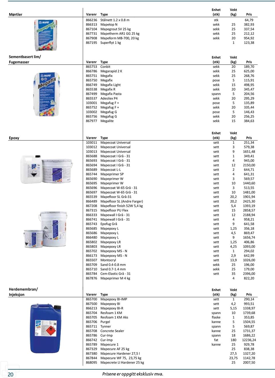 8 m sekk 25 110,75 64,79 866313 113002 Mapetop Støpemørtel N B- 30 sekk 25 382,93 123,14 867104 865781 Mapegrout Murmørtel Kl.