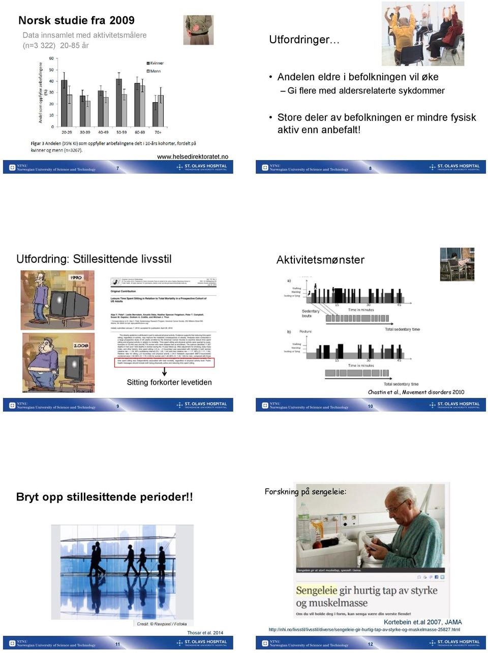 no 7 8 Utfordring: Stillesittende livsstil Aktivitetsmønster Sitting forkorter levetiden Chastin et al.