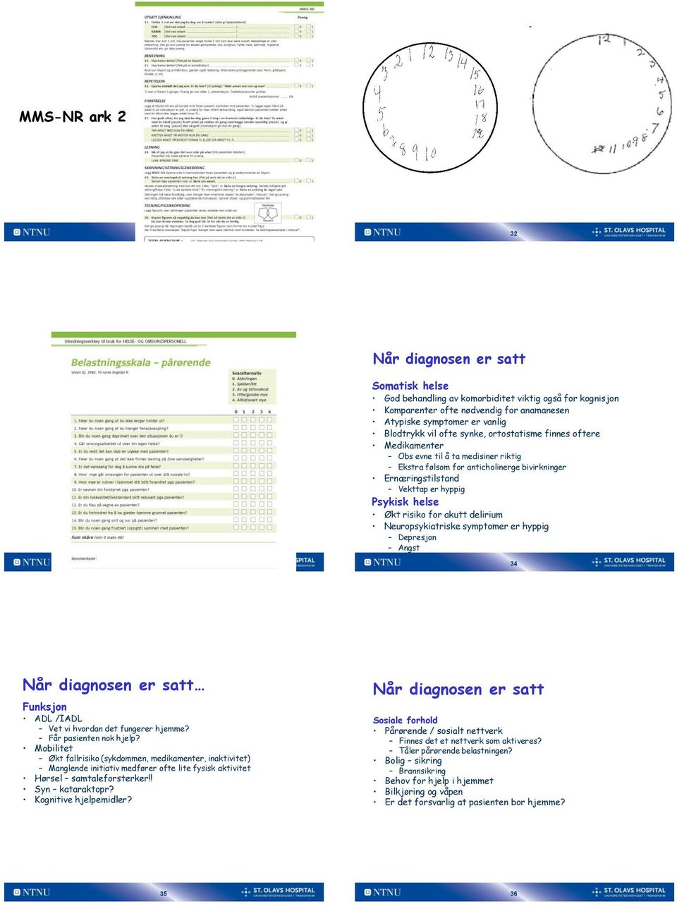 akutt delirium Neuropsykiatriske symptomer er hyppig Depresjon Angst 33 34 Når diagnosen er satt Funksjon ADL /IADL Vet vi hvordan det fungerer hjemme? Får pasienten nok hjelp?