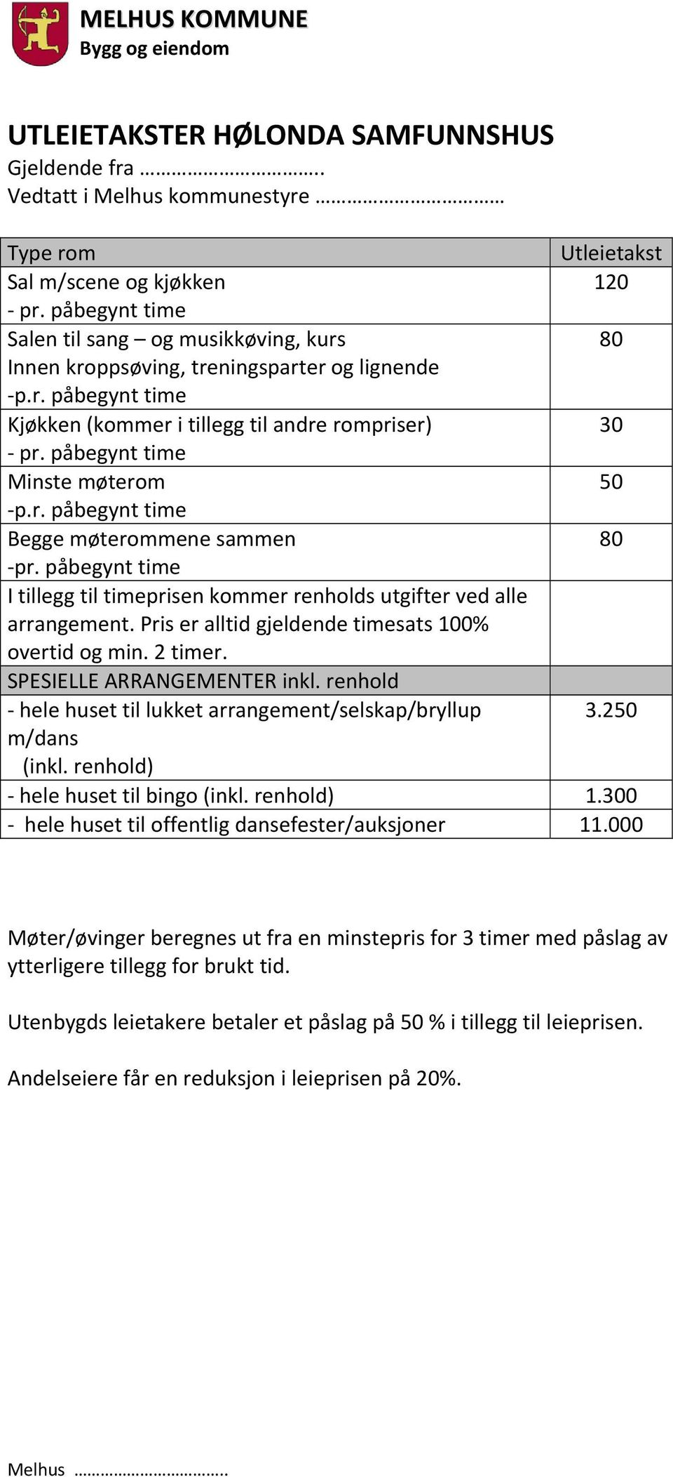 påbegynt time Minste møterom 50 p.r. påbegynt time Begge møterommene sammen 80 pr. påbegynt time I tillegg til timeprisen kommer renholds utgifter ved alle arrangement.