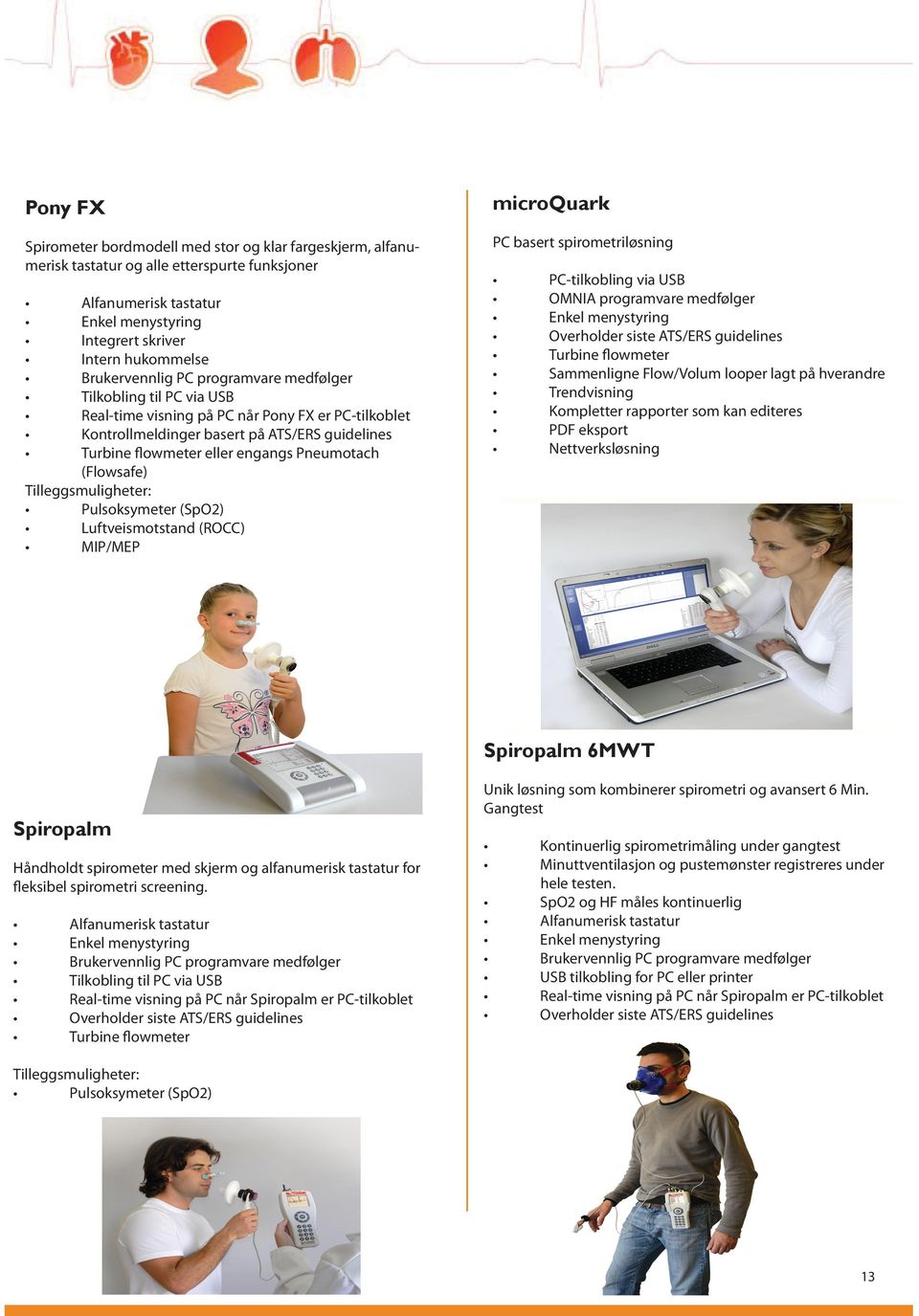 Pneumotach (Flowsafe) Tilleggsmuligheter: Pulsoksymeter (SpO2) Luftveismotstand (ROCC) MIP/MEP microquark PC basert spirometriløsning PC-tilkobling via USB OMNIA programvare medfølger Enkel