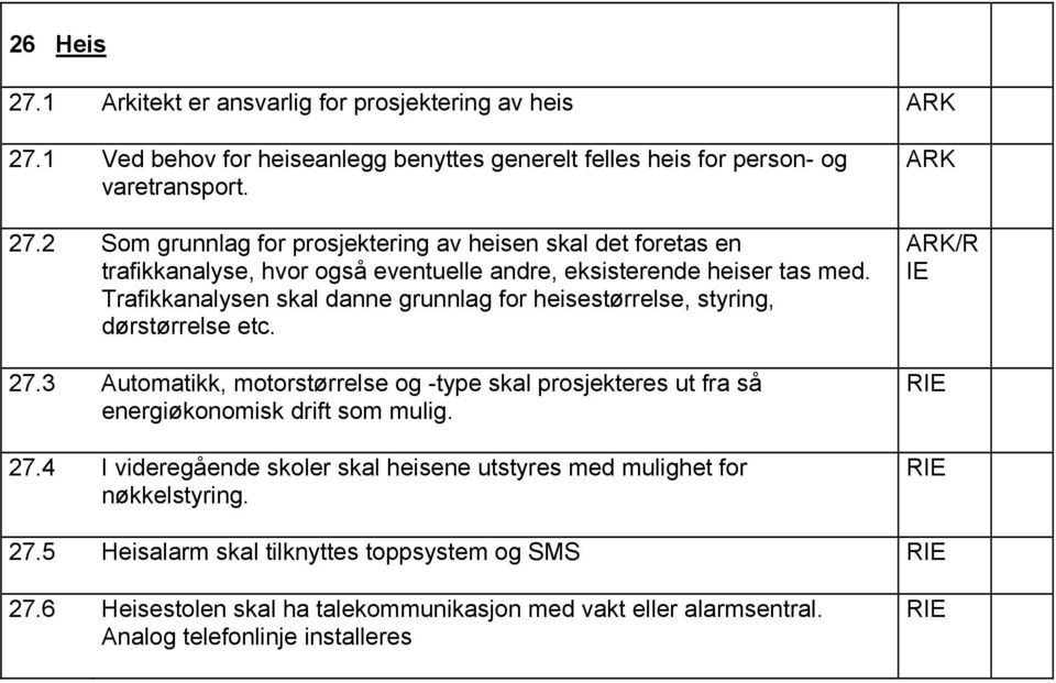 3 Automatikk, motorstørrelse og -type skal prosjekteres ut fra så energiøkonomisk drift som mulig. 27.4 I videregående skoler skal heisene utstyres med mulighet for nøkkelstyring.