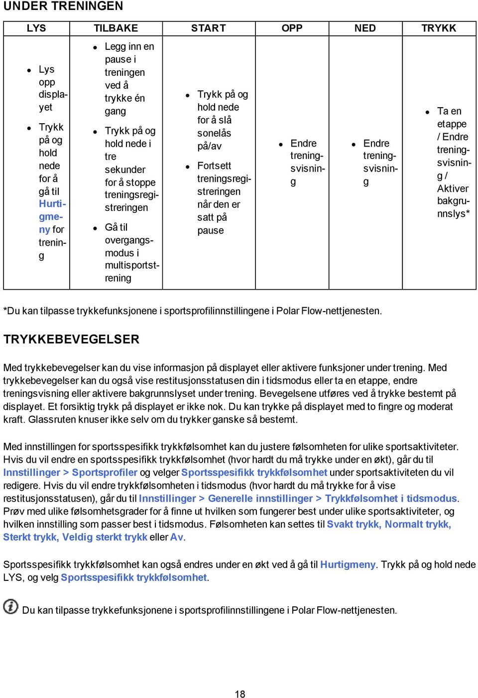 Endre treningsvisning Endre treningsvisning Ta en etappe / Endre treningsvisning / Aktiver bakgrunnslys* *Du kan tilpasse trykkefunksjonene i sportsprofilinnstillingene i Polar Flow-nettjenesten.