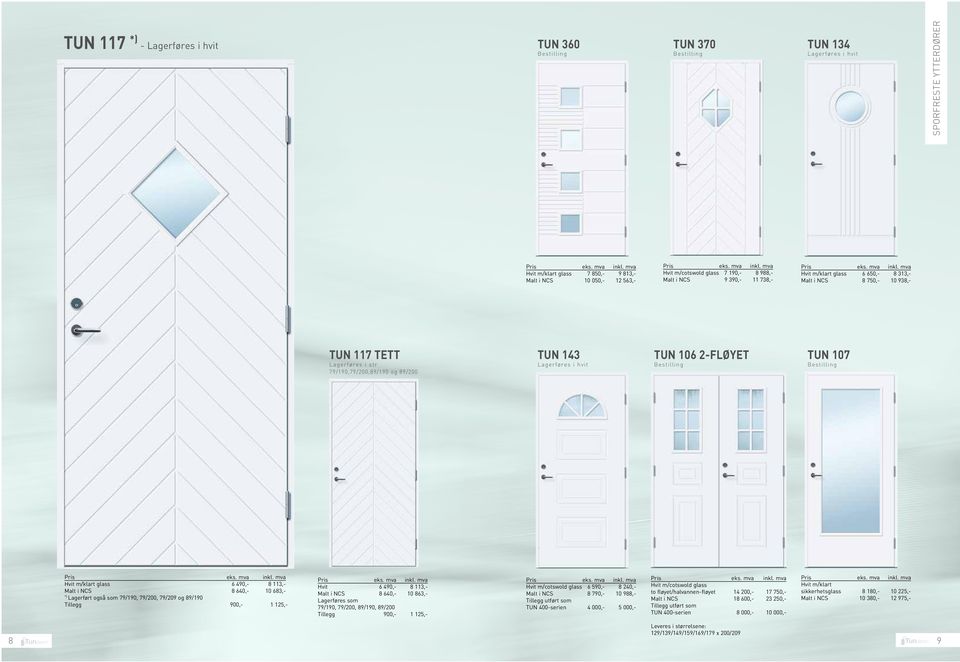 i NCS 10 050,- 12 563,- TUN 143 Lagerføres i hvit Hvit m/cotswold glass 6 590,- 8 240,- Malt i NCS 8 790,- 10 988,- Tillegg utført som TUN 400-serien 4 000,- 5 000,- TUN 370 Hvit m/cotswold glass 7