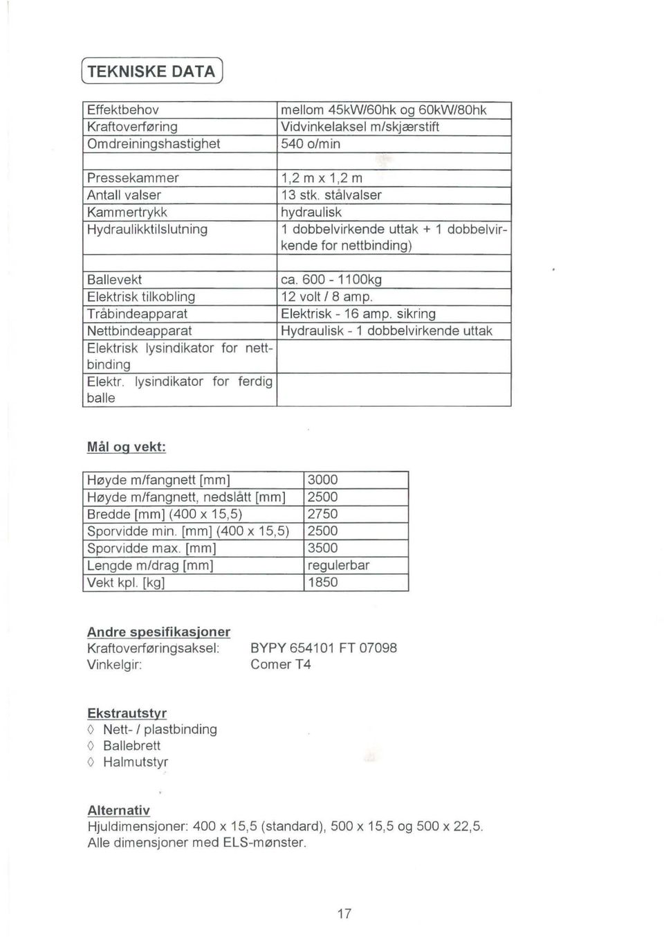 stålvalser hydraulisk 1 dobbelvirkende uttak + 1 dobbelvirkende for nettbinding) ca. 600-11 OOkg 12 volt / 8 amp. Elektrisk - 16 am p.