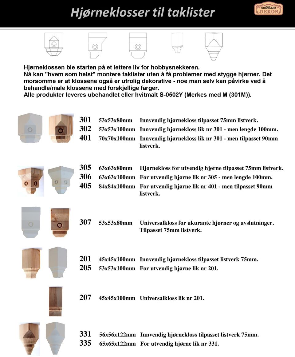 Alle produkter leveres ubehandlet eller hvitmalt S-0502Y (Merkes med M (301M)). 301 53x53x80mm Innvendig hjørnekloss tilpasset 75mm listverk.