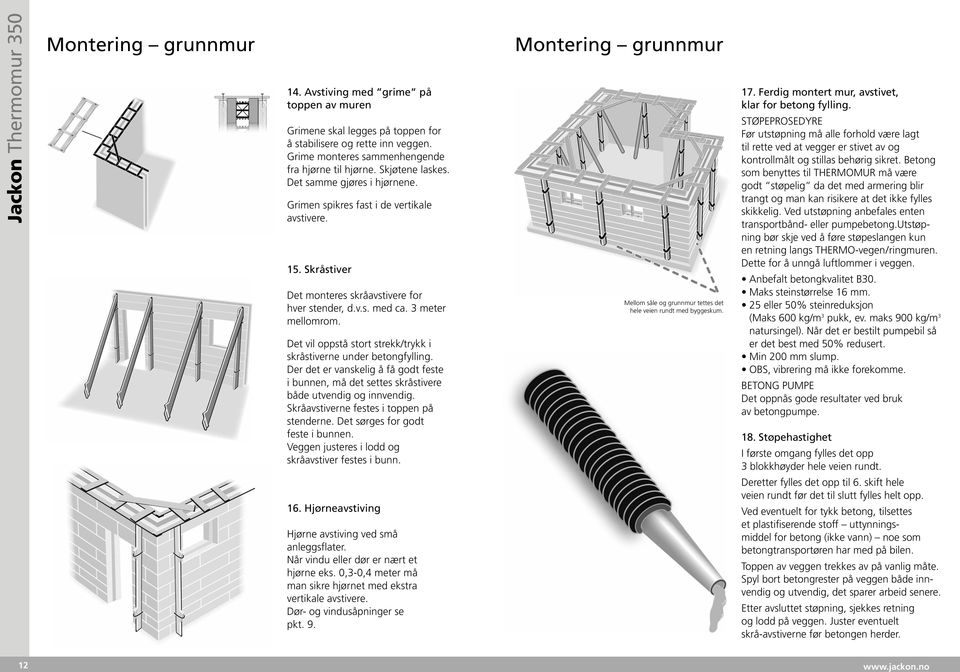 Det vil oppstå stort strekk/trykk i skråstiverne under betongfylling. Der det er vanskelig å få godt feste i bunnen, må det settes skråstivere både utvendig og innvendig.