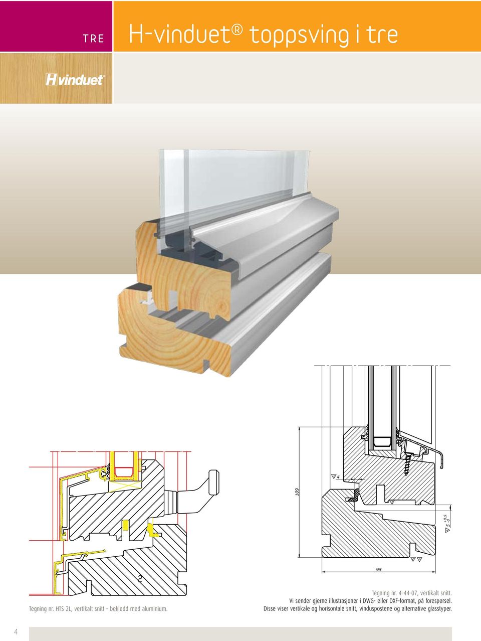 Disse viser vertikale The H-window og horisontale Double Glazing snitt, vinduspostene og alternative glasstyper.