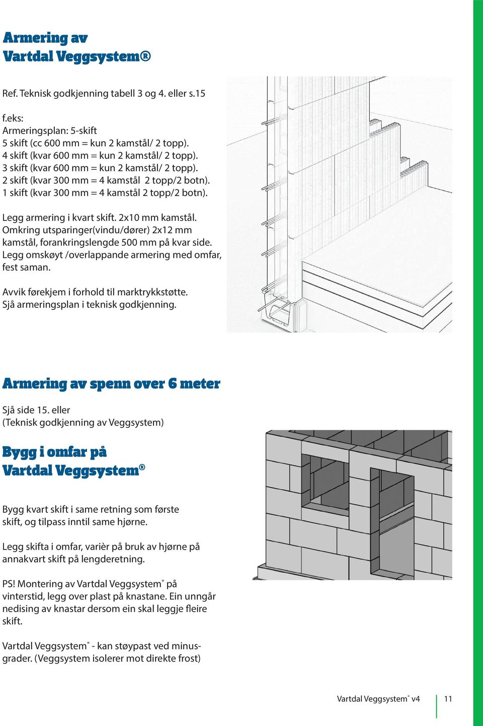 Legg armering i kvart skift. 2x10 mm kamstål. Omkring utsparinger(vindu/dører) 2x12 mm kamstål, forankringslengde 500 mm på kvar side. Legg omskøyt /overlappande armering med omfar, fest saman.